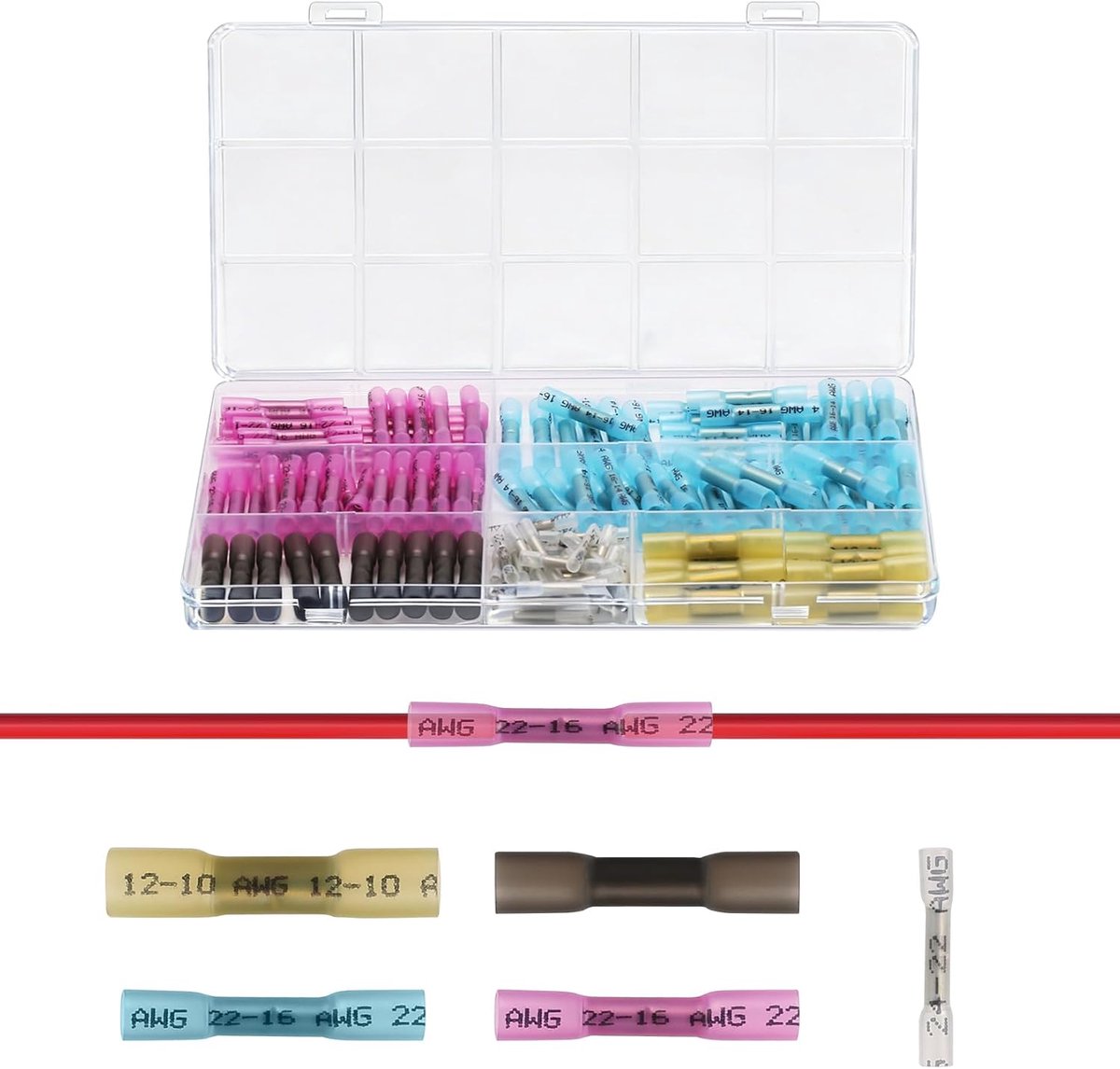 145-delige krimpverbinder set, soldeerverbinder kit, elektrische krimpkabelverbinder, waterdichte kabelverbinder, krimpverbinder met krimphuls, AWG 24-22/AWG 22-16/AWG 16-14/AWG 14-12/AWG 12-10
