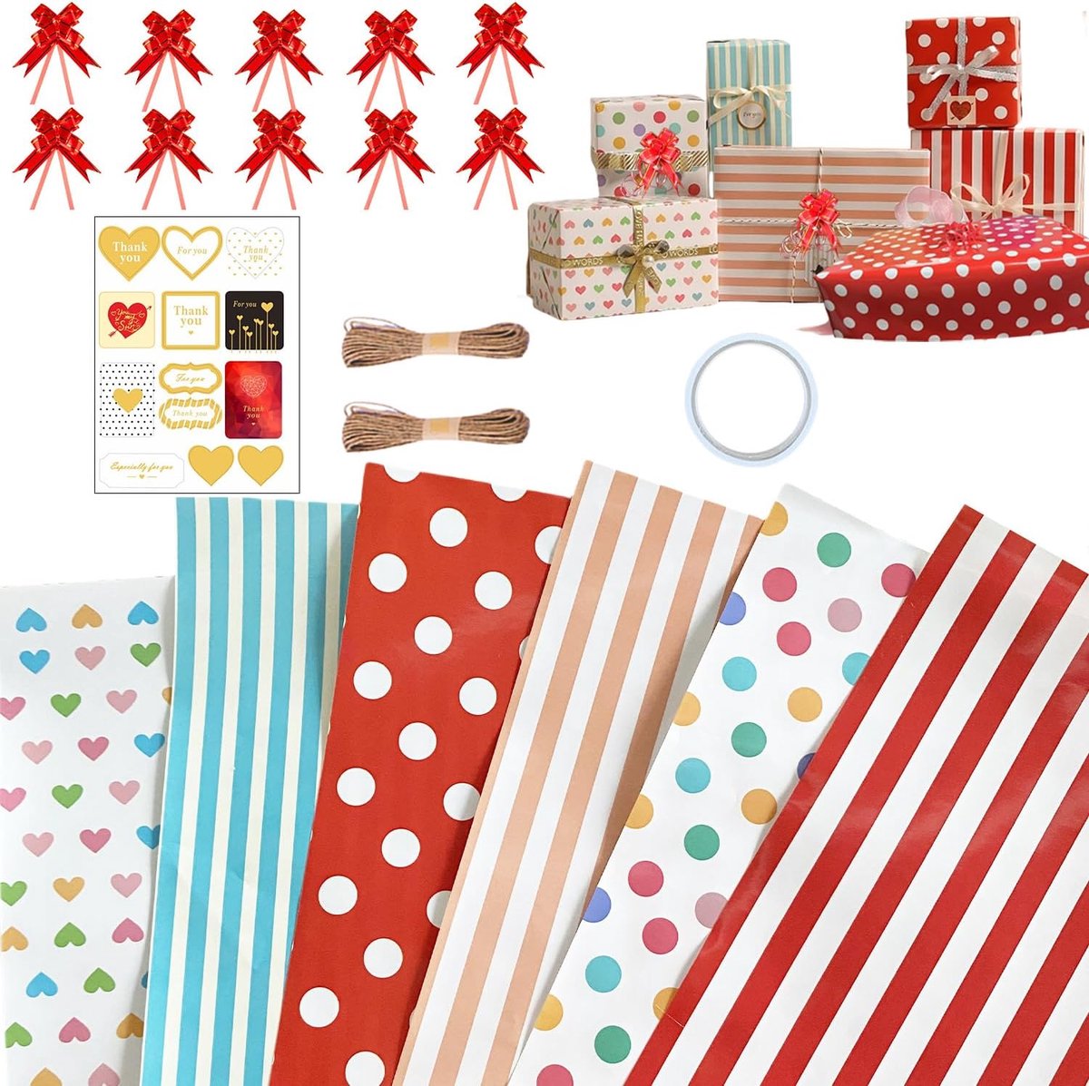 Cadeaupapier verjaardag 6 vellen verjaardag kinderen Happy Birthday henneptouw & dubbelzijdig plakband voor jongens meisjes kinderverjaardag gastgeschenken geschenkverpakking verjaardag babyshower 70