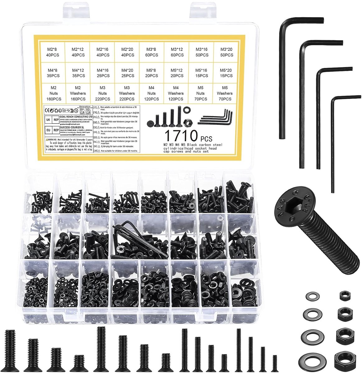 1710 stuks zinken kopschroeven moeren set, M2 M3 M4 M5 schroeven set, platkop machineschroeven assortiment, binnenzeskant schroeven met moeren, cilinderschroeven met sluitringen sets (zwart)