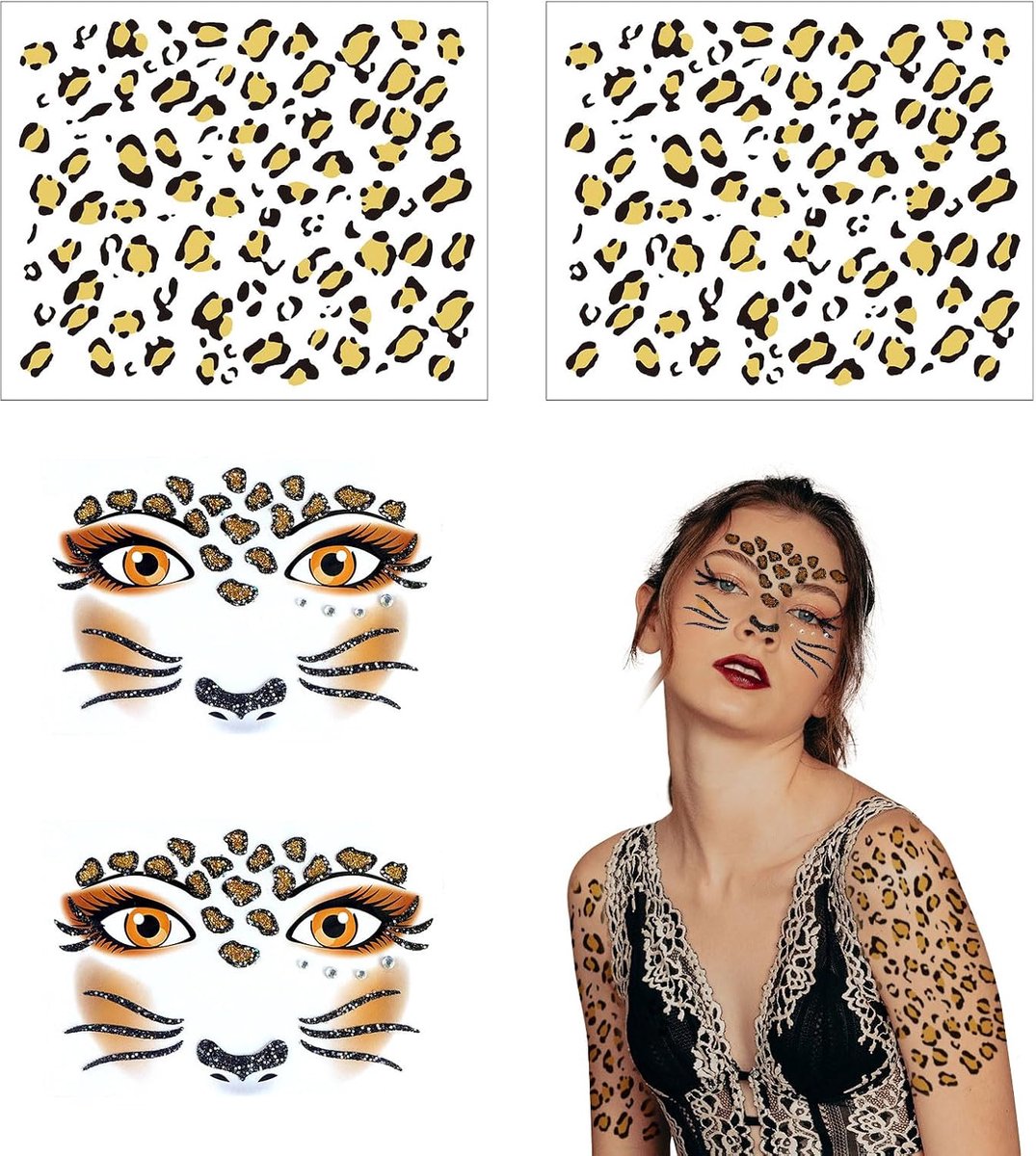 4 stuks luipaard gezicht kunst en tatoeage stickers, tijdelijke tatoeages, gezicht stickers, luipaard make-up, glitter gezicht stickers, make-up stickers festival feest podium make-up stickers