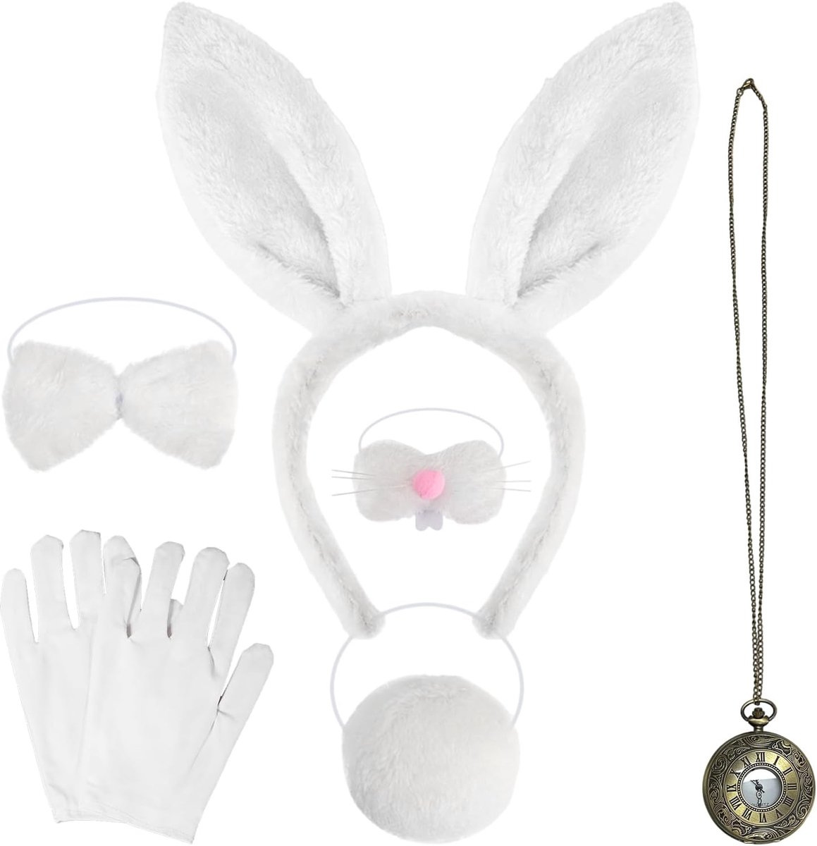 6 stuks witte hazenkostuum voor kinderen en volwassenen, hazenoren, haarband, hazenstaart, haas, neus, vlinderdas, handschoenen, horloge, hazenkostuum voor Pasen, carnaval, Halloween, party
