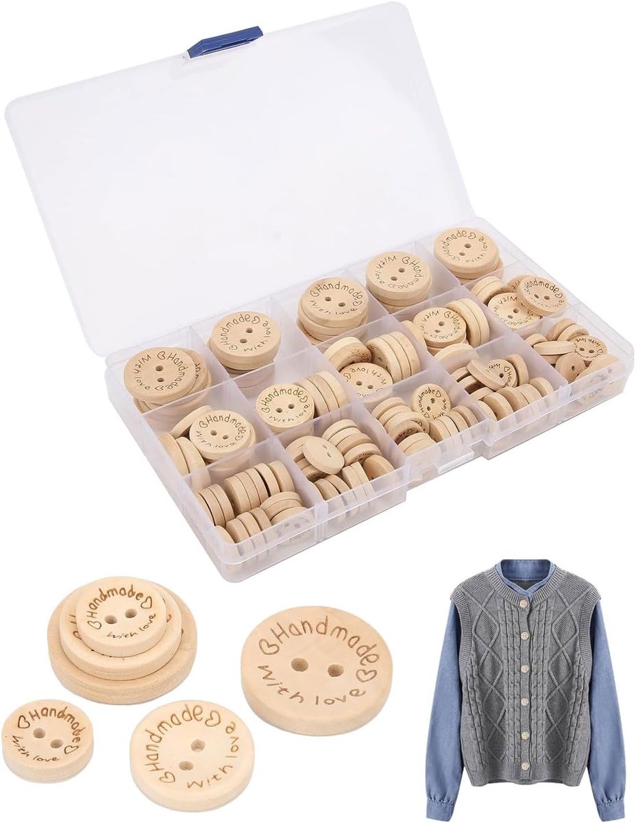 150 stuks, Natuurhoutknoppen Ronde vorm, Handgemaakte knoppen 15mm 20mm 25mm voor handwerk en naaien, Kleine Ronde knop met 2 gaten voor naaien