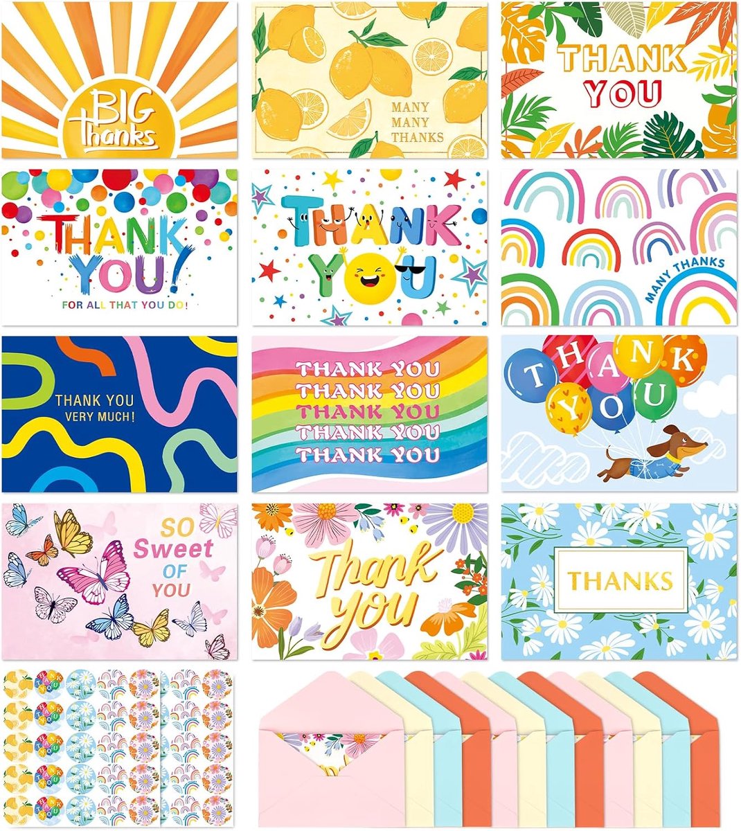 Bedankkaarten in het assortiment 48 stuks, 12 ontwerpen Uniek ontworpen bedankkaarten met stickers en 48 enveloppen, 10x15 cm kaart voor vriend, familie, vrienden, cadeaus, jubileum, afscheid
