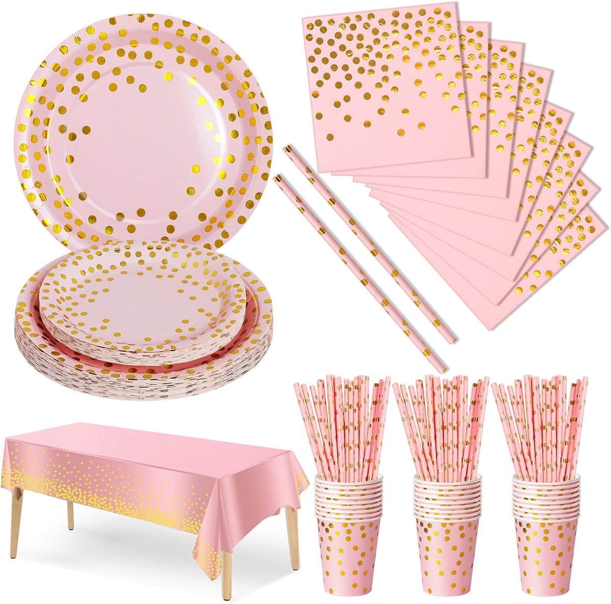 Partyservies, 126 stuks Happy Everyday Feestaccessoires, Roze Goud kartonnen borden set, verjaardagsservies kartonnen borden, servetten voor kinderverjaardag, verjaardagsfeest -25 gasten