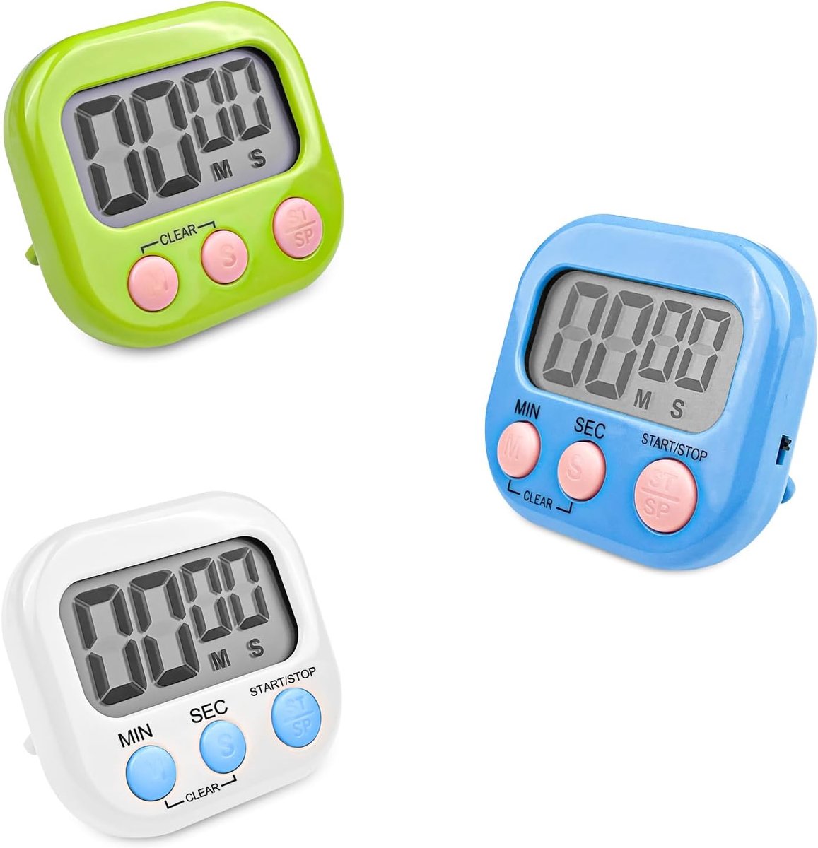 Verpakking van 3 digitale eiertimers met magnetische basis en opklapbaar standaard, groot LCD-scherm, wit, blauw, groen