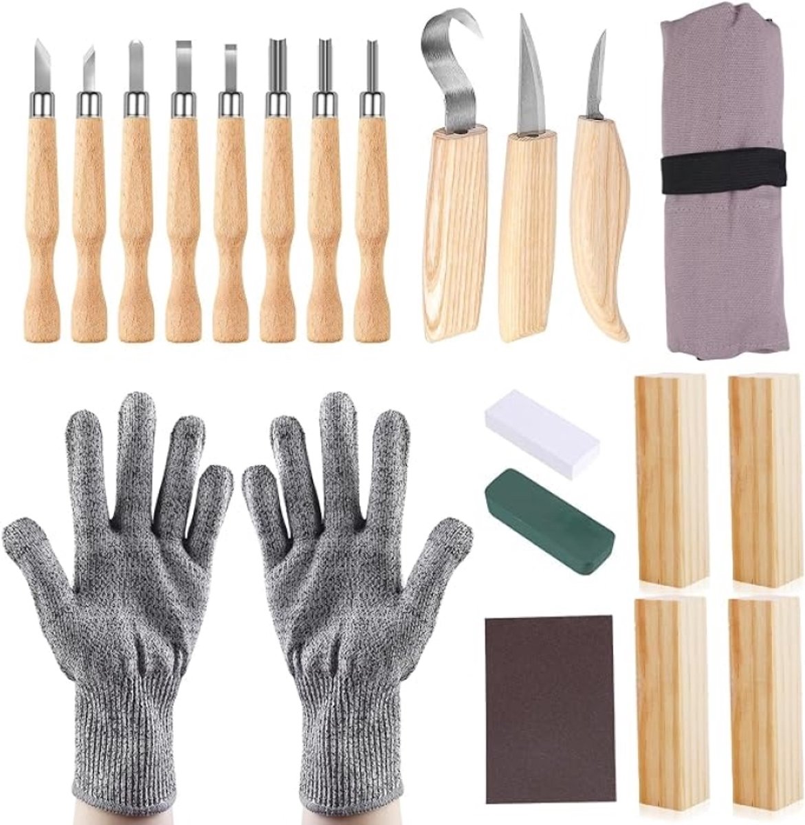 21-delige houtsnijgereedschapsset voor volwassenen en kinderen – houtsnijset met 8 beitels, 3 messen, slijpsteen, snijbestendige handschoenen, houten blokken en opbergtas