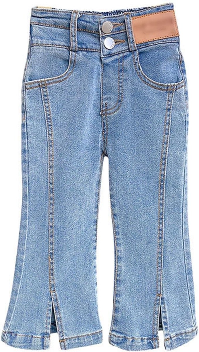 Jonge leeftijd meisjes zomer riem elastische jeans slanke casual uitlopende jeans dagelijkse broek