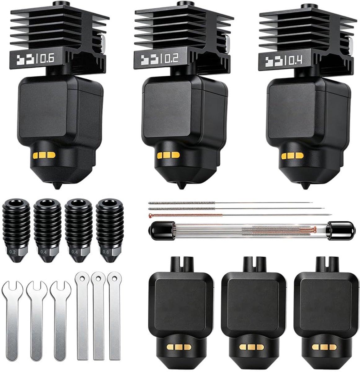 3 stuks metalen hotend voor Bambu Lab, SGZIOO 3D-printer 0,2 mm, 0,4 mm, 0,6 mm, voor Bambulab P2S/X2D/H2D/H2S/H2C, accessoires voor 3D-printers met siliconen huls