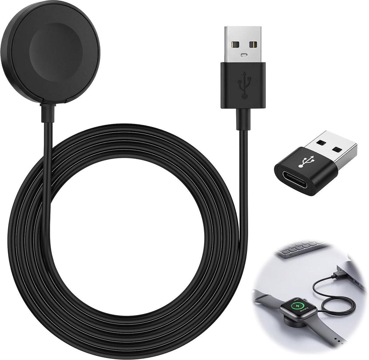 Oplaadkabel voor Galaxy Watch 7/6/5/4/3/Active 2/FE/Ultra, USB-A smartwatch oplader, snel draadloos oplaaddock, reservekabel (1 m)