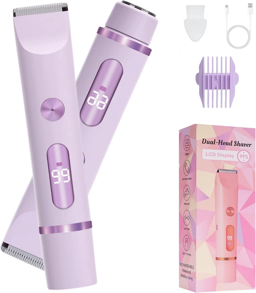 2-in-1 elektrisch intiem scheerapparaat voor vrouwen, elektrisch scheerapparaat en trimmer voor gezicht, benen, bikinilijn en lichaam, nat/droog, inclusief reinigingsborstel (paars)