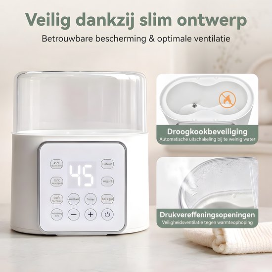 Digitale flessenwarmer voor 2 flessen - 10-in-1 babyflesverwarmer met 100 °C stoomsterilisatie, 24-uurs warmhouden, timer en ontdooien - 220 W - BPA-vrij PP - Wit - Voorkomt droogkoken - Melkbereiding, ontdooien, eieren koken - Voor 2 flessen — afbeelding 5