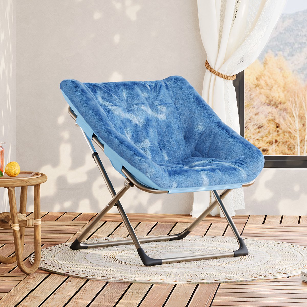 Loungestoel Rond Opvouwbaar - Zachte Fluweel Bekleding - Sterk Metalen Frame 136 kg - voor Woonkamer Slaapkamer of Balkon - Blauw