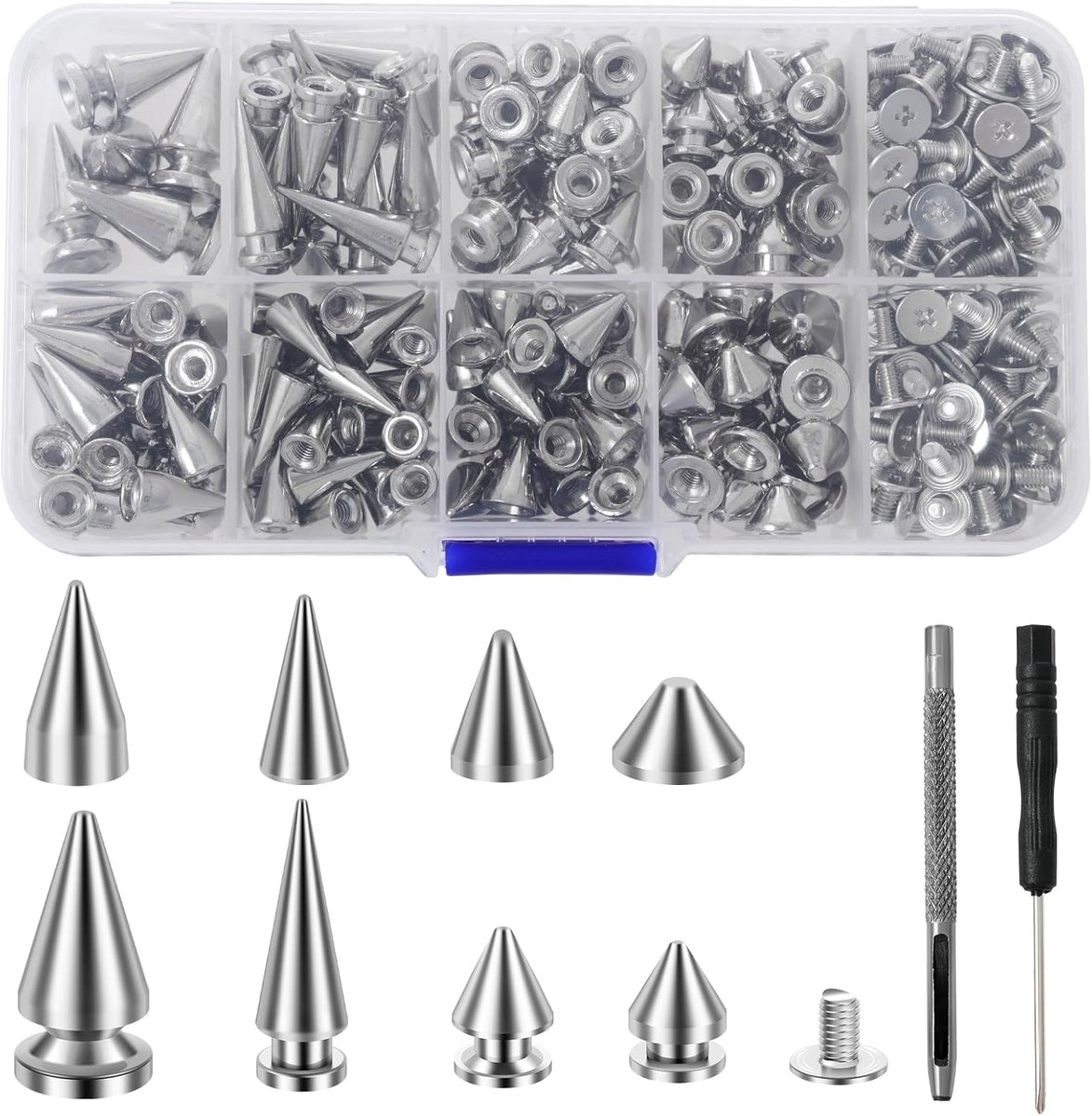 Kegelklinknagels – Set van 354 stuks – Punkstijl – Metalen klinknagels met schroefsluiting – Geschikt voor doe-het-zelf leerbewerking, tassen, armbanden, kettingen, kleding en schoeisel – Zilver