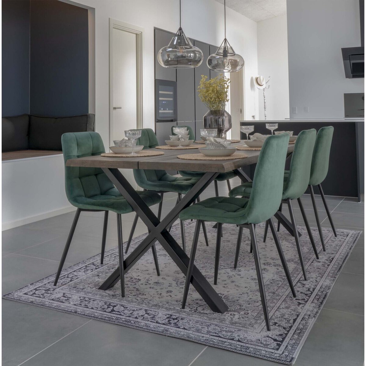 House Nordic Eetkamerstoel Stof Donkergroen - Zithoogte 50cm - 55x44x86cm - Set van 2