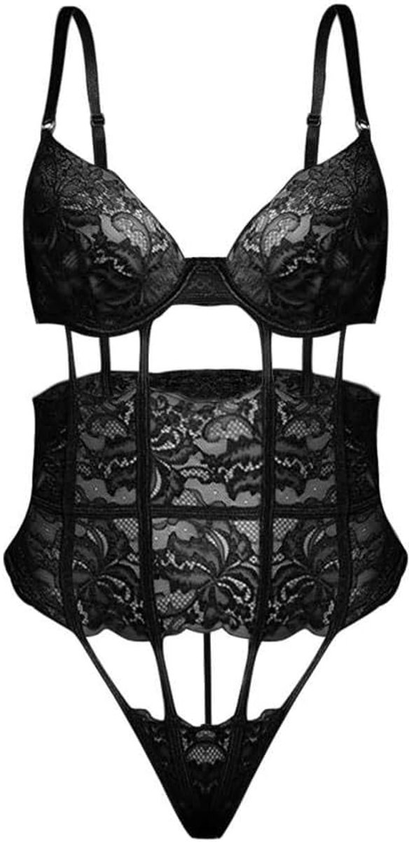 Kant Erotische Lingerie Vrouwen Sexy Racy Kostuum Verleiding Beha String Ondergoed Hol Porno Transparant-Black_M
