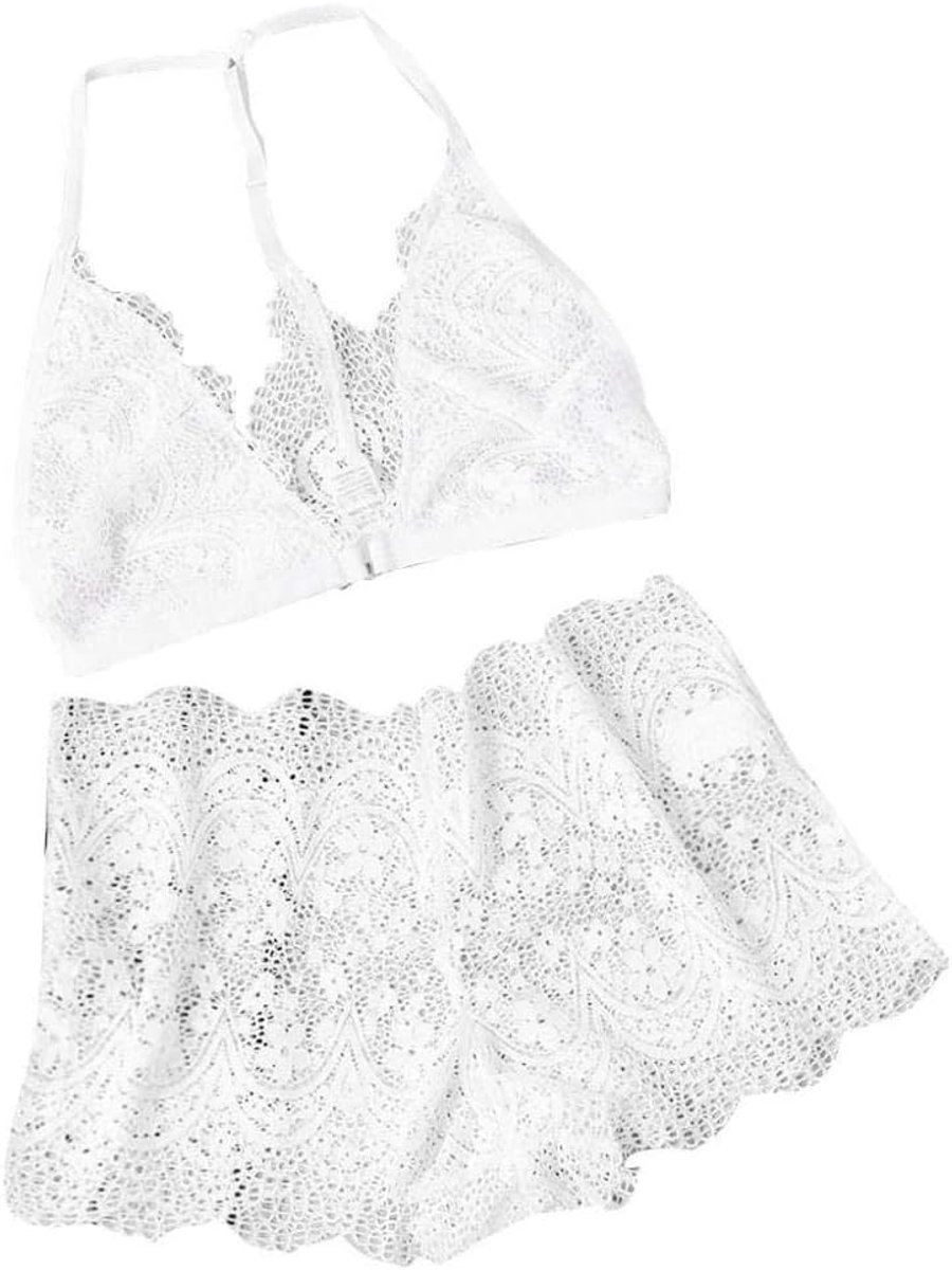 Klassiek Bh set Jarretellegordel en Kous LingerieSexy Lingerie Set Bh En Panty Set Kanten Ondergoed Transparante Bh Set Bh Voor Vrouwen Vrouwelijke Bralette Nachtkleding-White_XXL