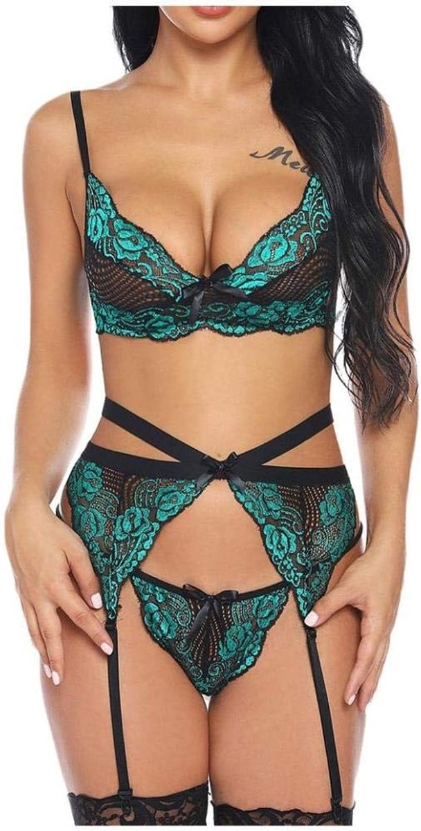 Dameskleding Dames Lingerie Porno String Temptation Borduren Kant Bandage Bh Kousenband Set Sexy Ondergoed Dames Nachtkleding-green_M