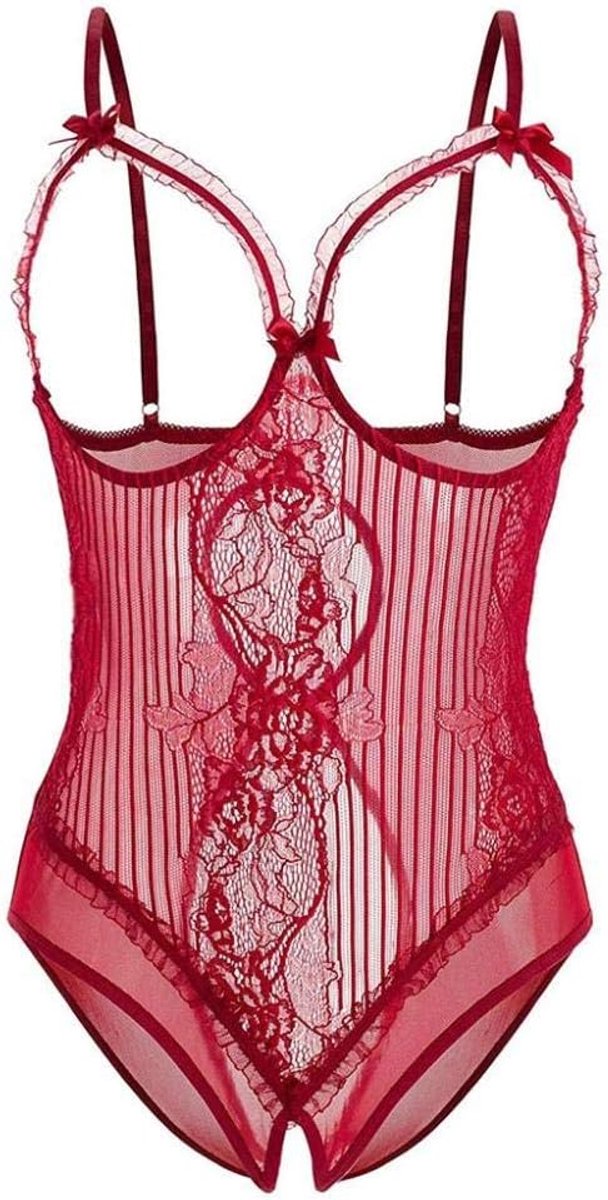 Dameskleding vrouwen beha sexy lingerie transparante kanten kostuums jurken-red_M
