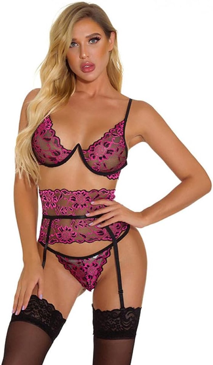 Lingerie & ondergoed sexy vrouwelijk ondergoed pyjama kanten perspectief beha slipje kousenbanden drie set