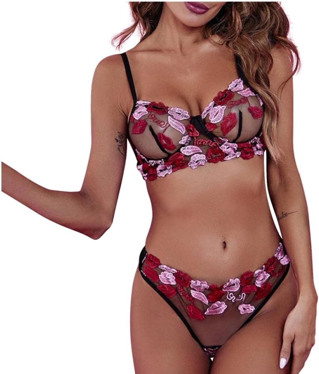 Sexy vrouw ondergoed corset beha string kostuums perspectief kant geborduurde set-Vermelho_XL