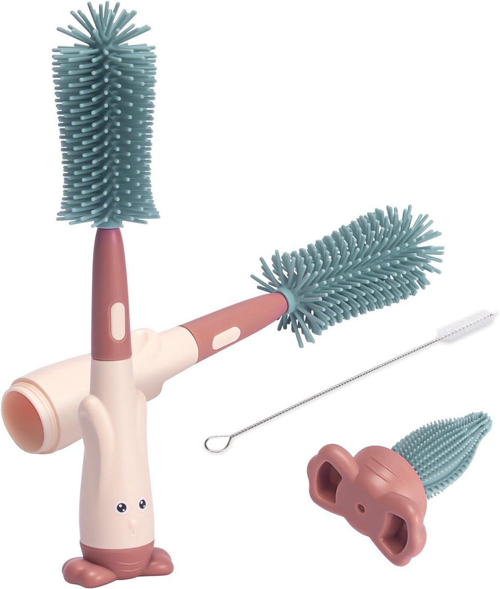 Babyflesborstel, 3 in 1 fles en speen reinigingsborstel en rietjesborstel, geschikt voor levensmiddelen en krasbestendig, rechtop bewaren,rood