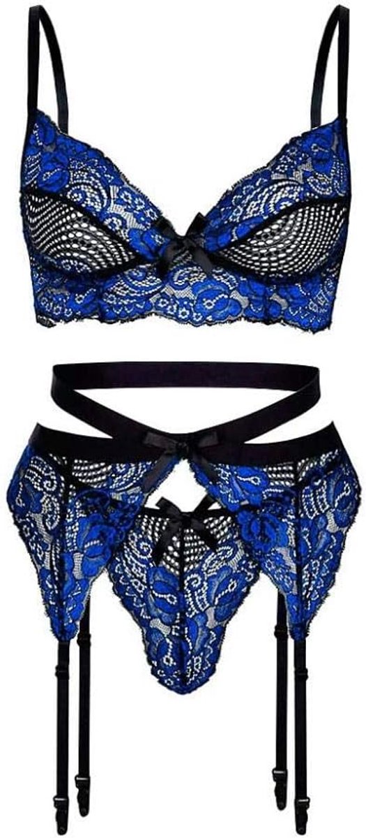 3 ST Sexy Lingerie Vrouwen Borduren Kanten Beha Kousenband String Verleiding Ondergoed Erotische Porno Dames Nachtkleding Set-Blue_S