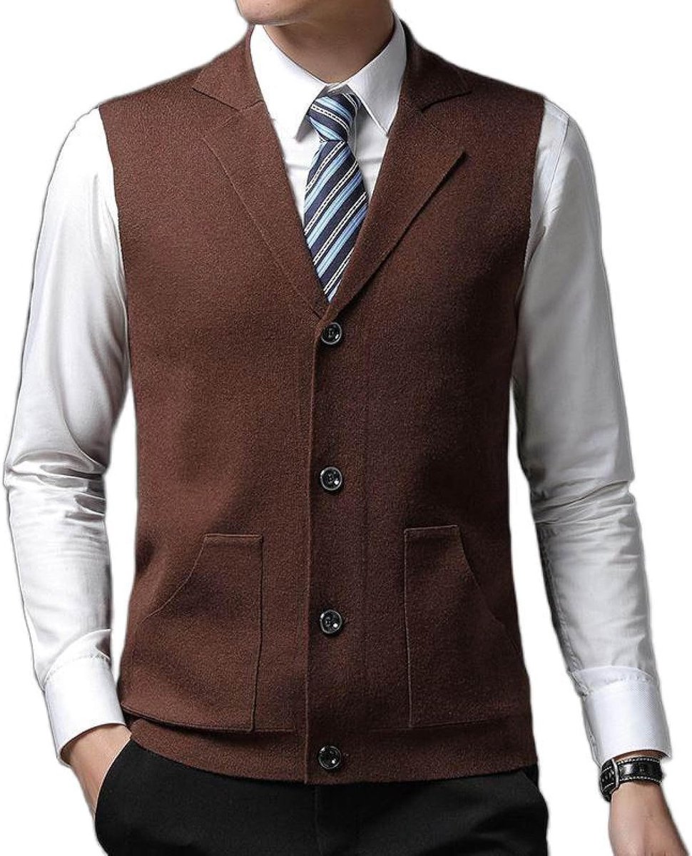 Vestvest Van Middelbare Leeftijd, Klassiek Dik Pakkraag Gebreid Vest Zijnaadzak Effen Kleur Mouwloos Vest, Zakelijk Herengebreid Vest Truivest Tanktops,Koffie,S