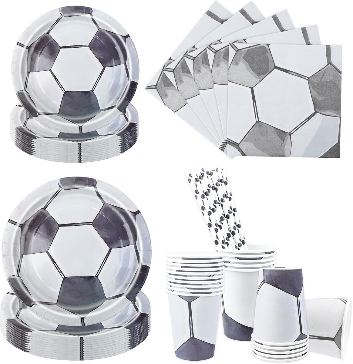 Voetbalfeestservies, 100 stuks, voetbalfeestborden, verjaardag voor 20 gasten, voetbalservies, voetbalfeestdecoratieset, kinderverjaardag, borden, beker, servetten (grijs en wit)