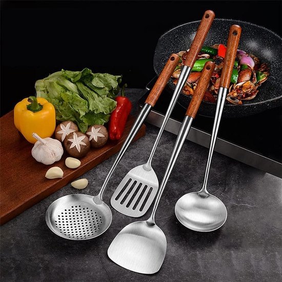 Set van 4 keukenhulpen van roestvrij staal, wokaccessoires met houten handvat, lange spatel, spatel, pollepel, kookgereedschap — afbeelding 3