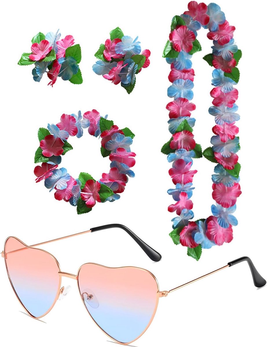 Bloemenketting, hartvormige zonnebril, Hawaïketting, hoofdsieraad, armbanden, strandfeest, kostuumaccessoires, slinger, bloemenketting voor carnaval, strandfeest, cheerleading
