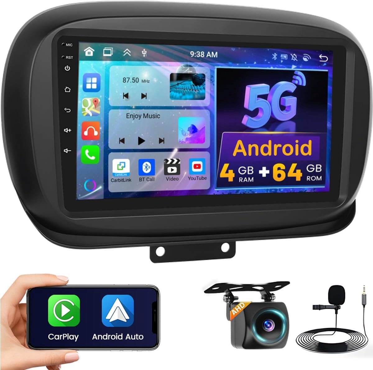 5G WiFi 4+64G Android Autoradio voor FIAT 500X 2014-2020 Draadloze Carplay Android Auto, 9 Inch IPS Scherm Autoradio met Navi Bluetooth5.0 FM/RDS SWC Achteruitrijcamera