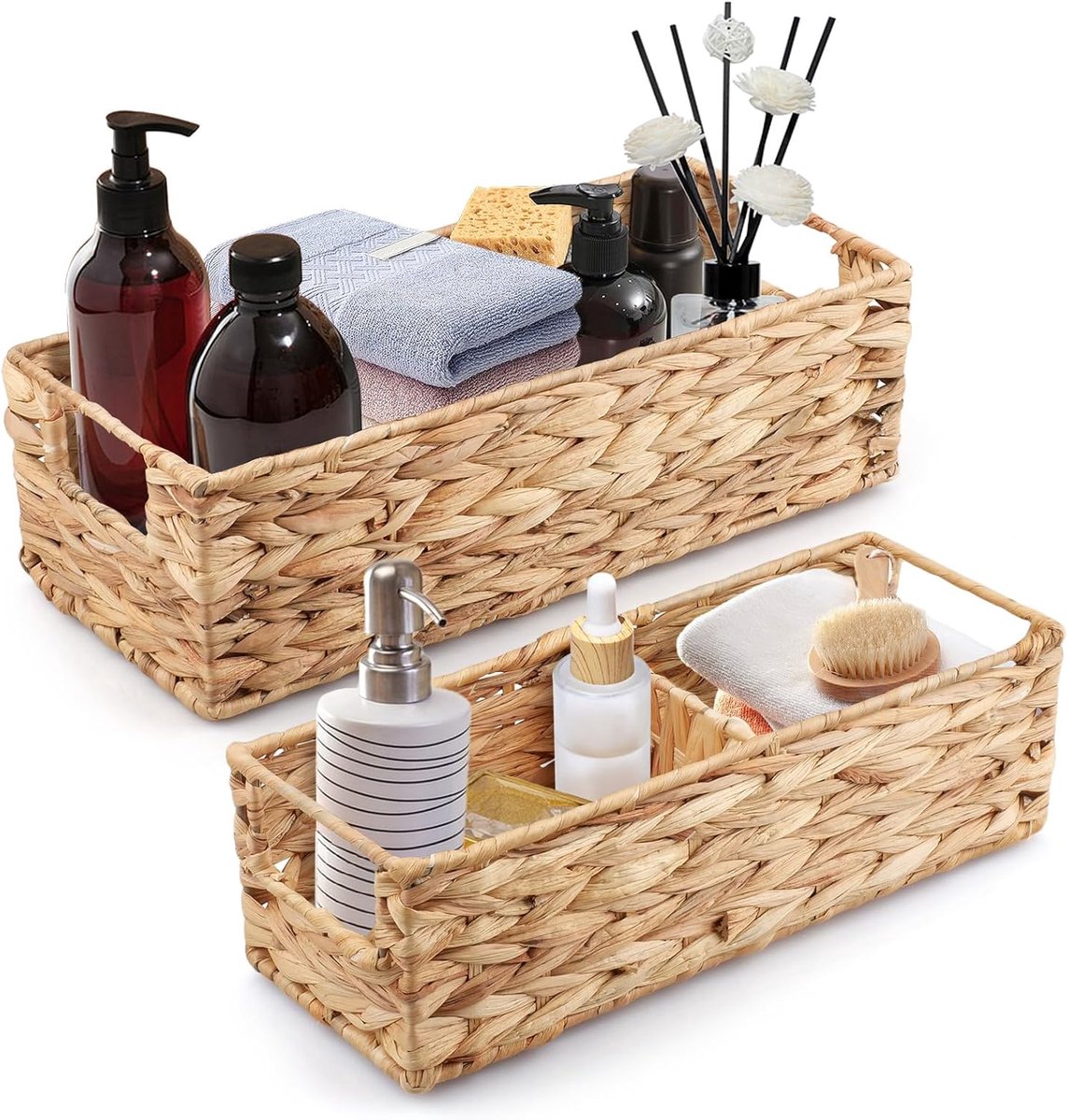 Set van 2 opbergmanden, gevlochten, klein, rechthoekig, opbergmand met secties, rek, mand voor decoratieve opbergdoos, badkamer, woonkamer, toilettank, rek