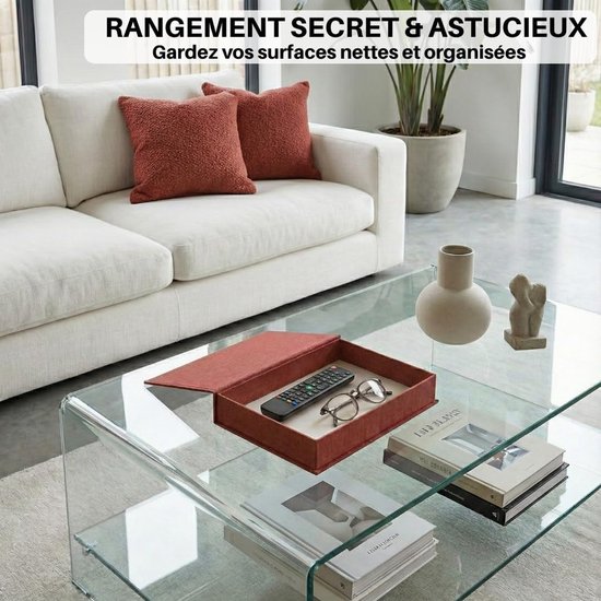 Woondecoratie van linnen, set van 2 luxe geheime dozen voor boekenkast of woonkamerplank - dummy boeken met afstandsbediening of andere voorwerpen (terracotta & beige) — afbeelding 5