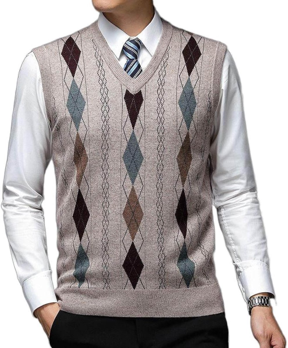 Argyle Gebreid Vest Met V-Hals, Klassiek Mouwloos, Casual Geruite Trui Met Geruite Print, Vest, Kleurcontrast Dieptepunt, Business Gentleman Knitwear, Gebreide Trui, Tanktops, Camel, S