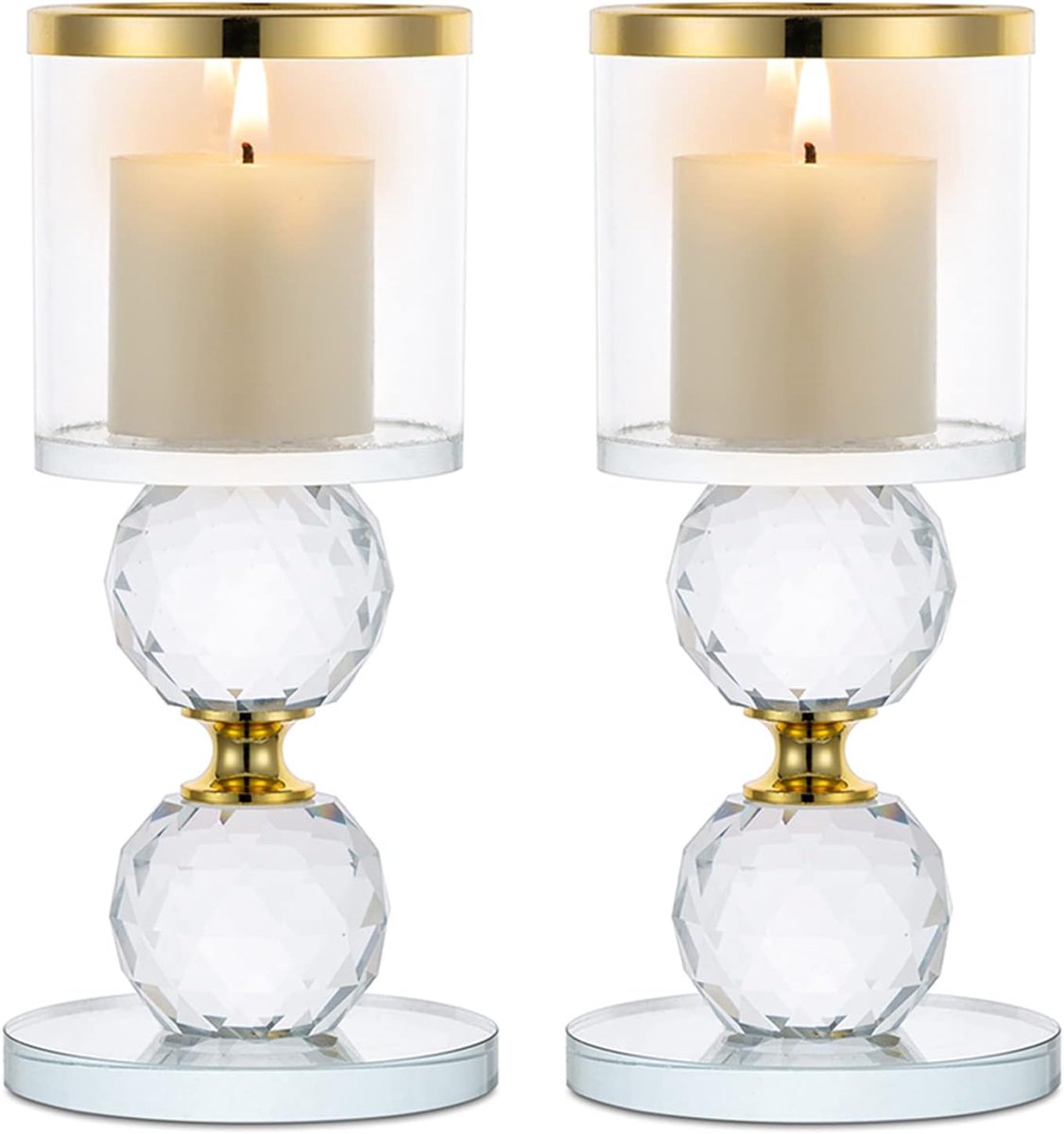Kristalheldere Pijler Kaarshouder Set van 2, Glazen Kandelaar Houders Theelicht Kaars Stand Tafelblad Centerpieces voor Woonkamer Bruiloft Banket Schoorsteen Open Haard Decor, Goud