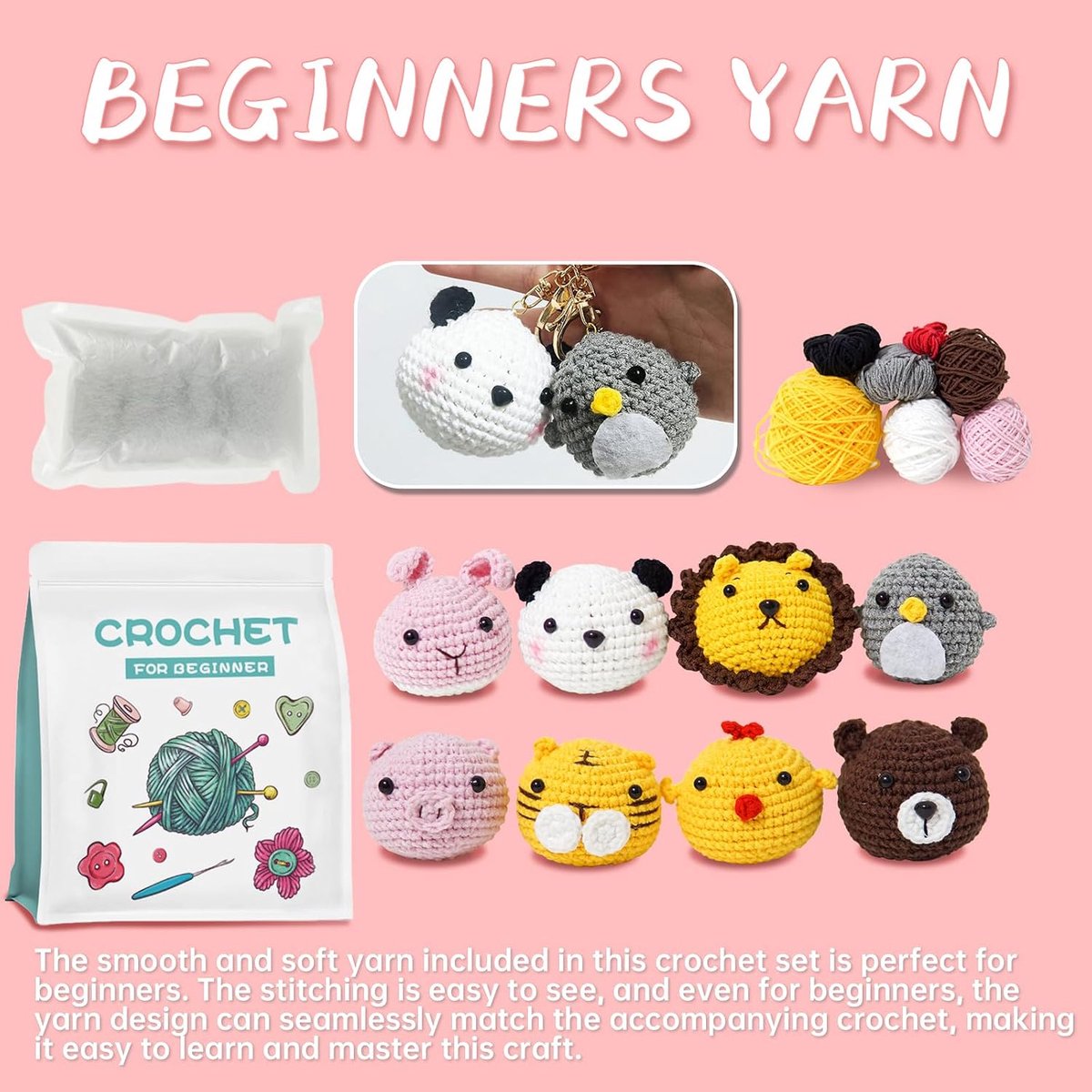 8-delige haakset voor beginners, complete haakbreiset, betoverende dierenhaken, starterset met garenvulling, sleutelhanger, doe-het-zelf haakhandwerk met stapsvideo voor volwassenen en