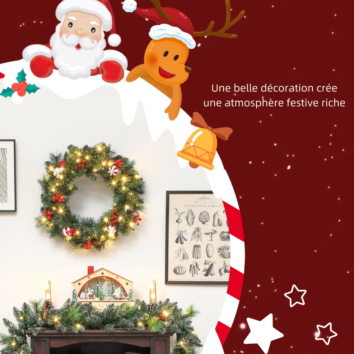 1 stuk - Verlichtte kerstkrans 60cm - Handgemaakte kerstversiering met LED warm wit licht, dennen, bessen en dennenappels, voor voordeur, open haard en raamdecoratie – foto 4