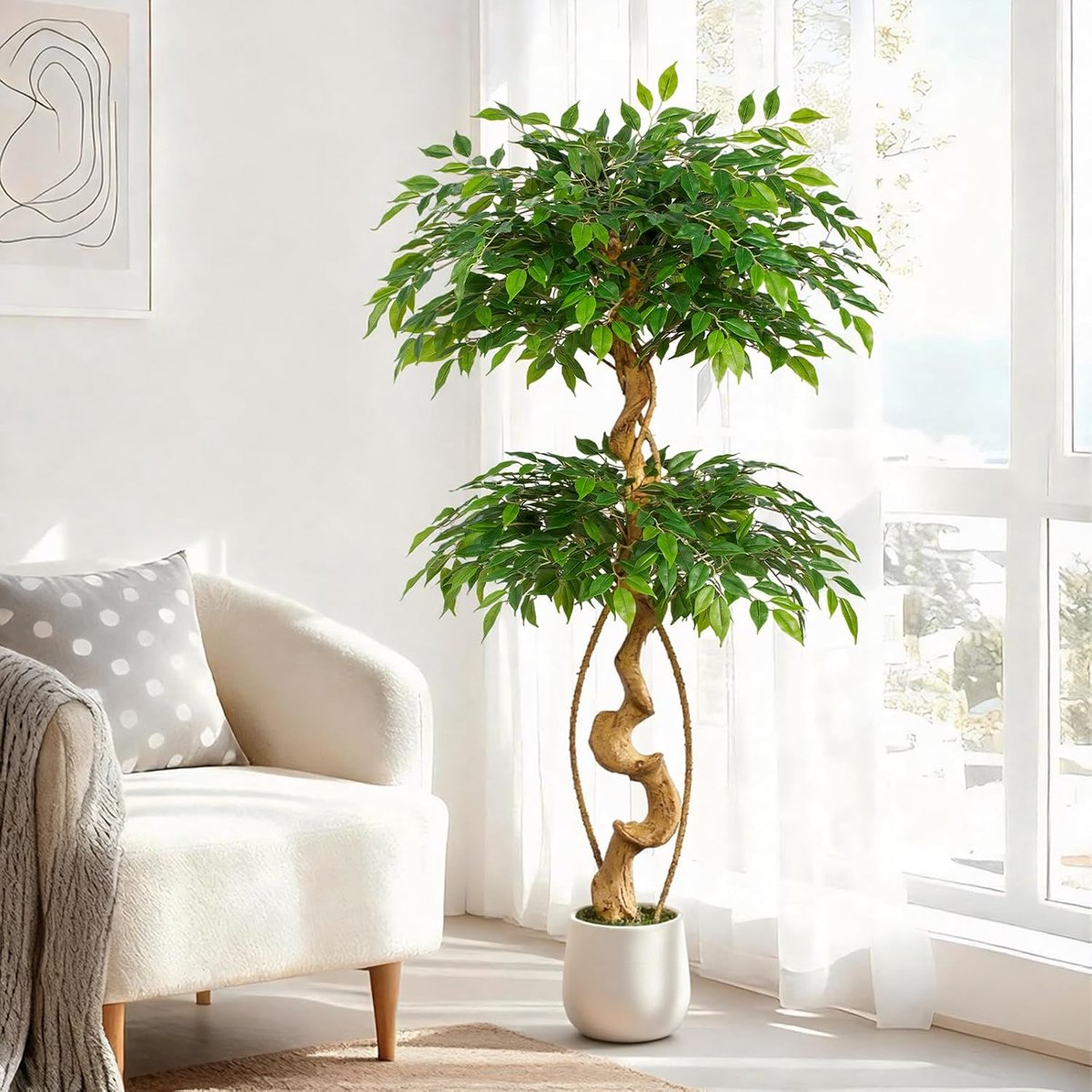 Kunstplant, ficusboom, 150 cm, met witte pot, kunstplanten, groot als echt met gebogen boomstam en 1488 bladeren, kunstboom voor interieurdecoratie, woonkamer, slaapkamer, kantoor, tuin