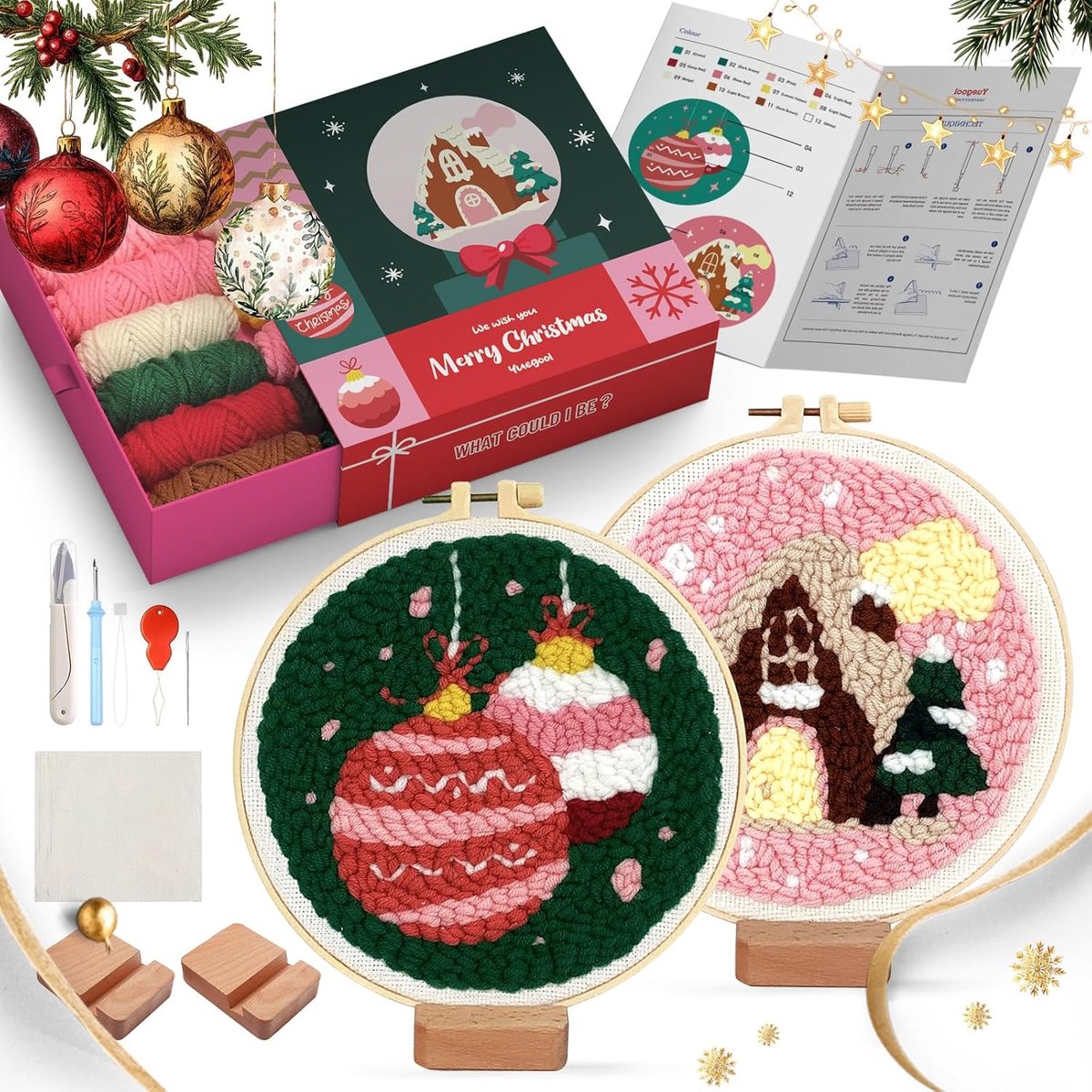 Yuegool 2 stuks kerstpunsenaald decoratieset, eenvoudige doe-het-zelf ponsnaald borduurset voor beginners volwassenen kinderen inclusief patronen, gereedschap, garens, hoepel, instructie, beugel kunst