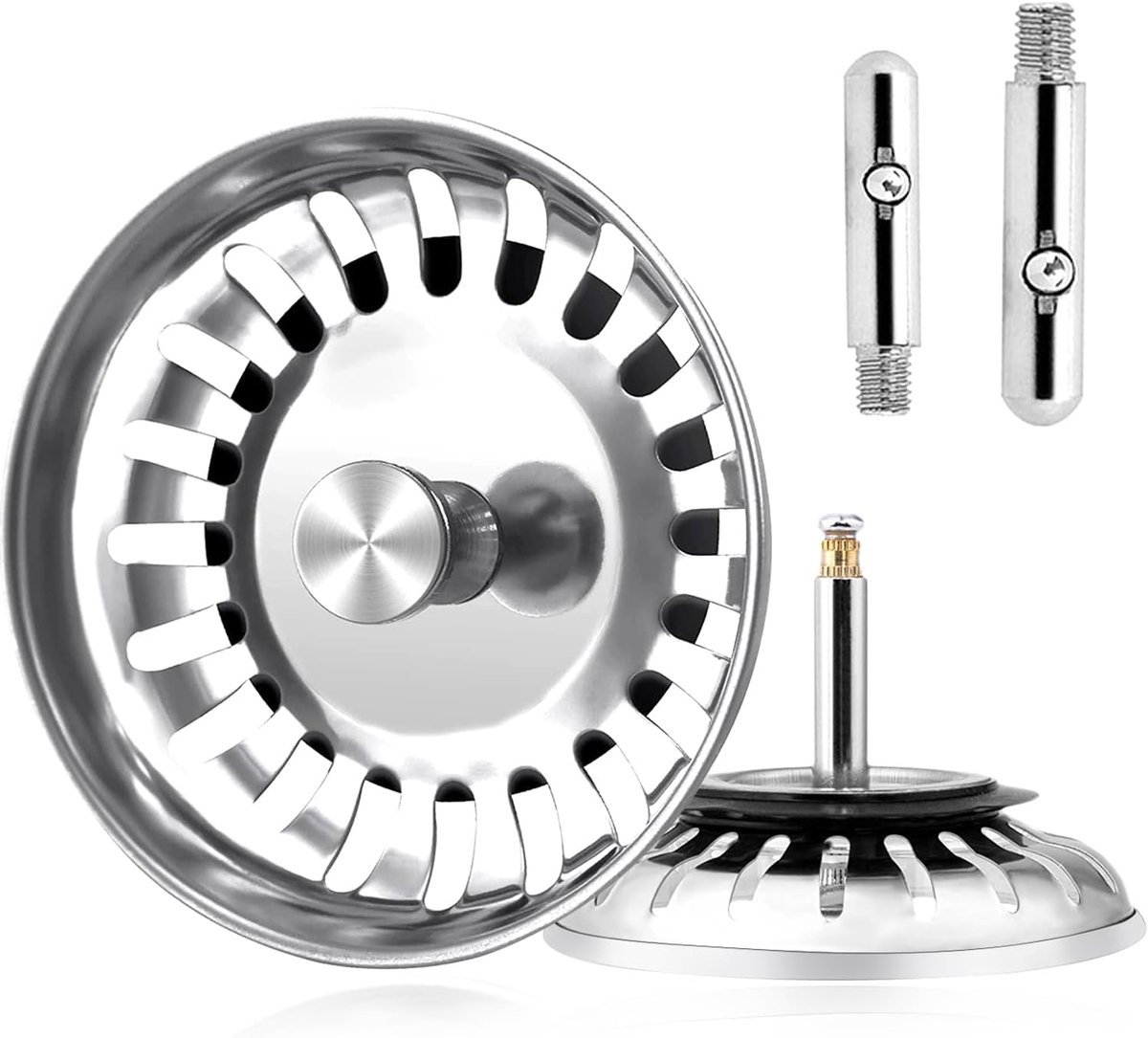 Gootsteen, 79 mm, spoelbak, zeefstop, universele wastafel, afvoerstop, roestvrij staal, compatibel met blanco spoelbakken, in hoogte verstelbaar (25 mm-71 mm)