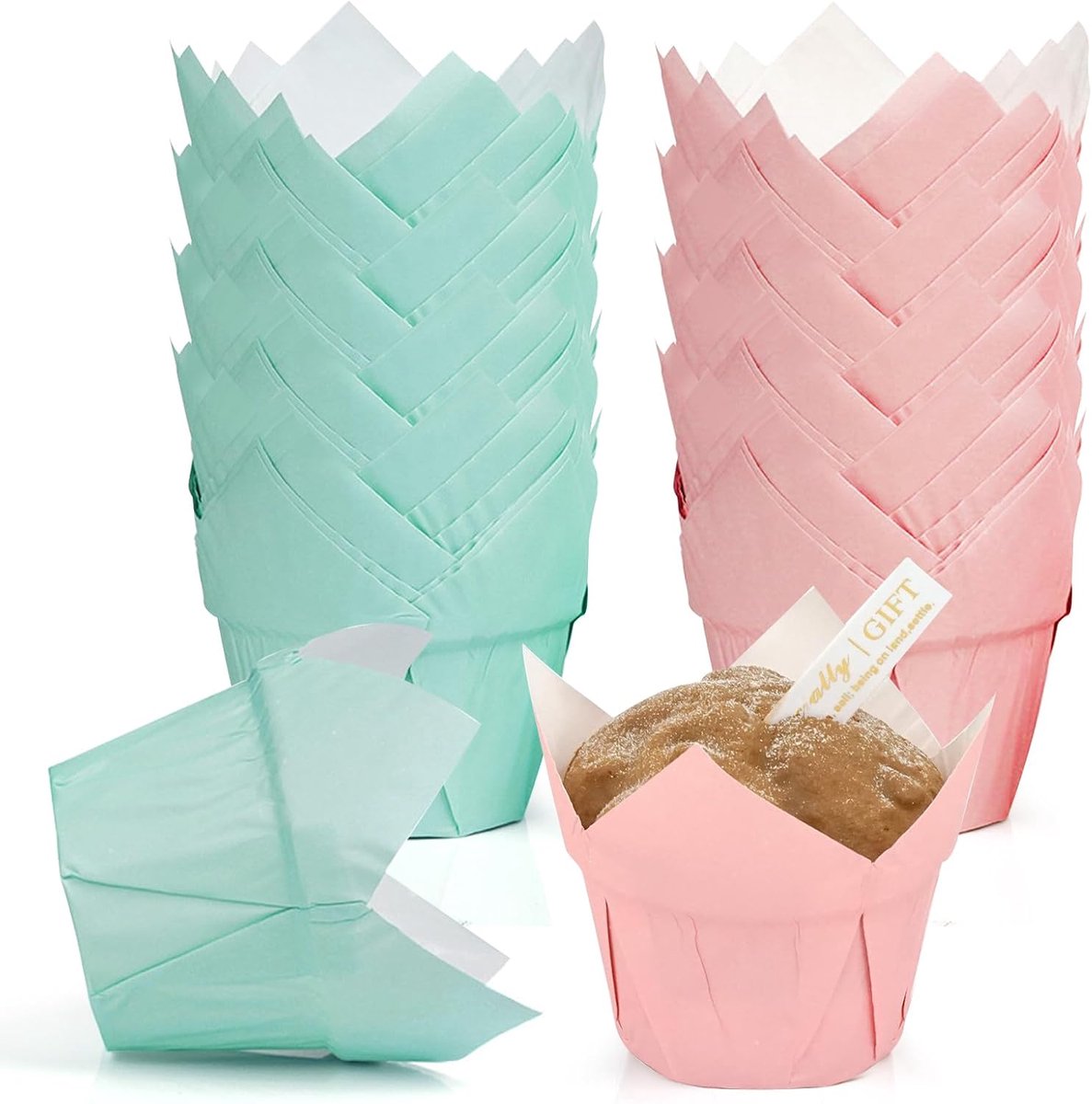 100 Stuks Mini Muffins Papieren Vormpjes Tulpen - Groen en Rood Wegwerp Vetdichte Cupcakevormpjes Bakbekers Voor Bruiloft Verjaardag Feest