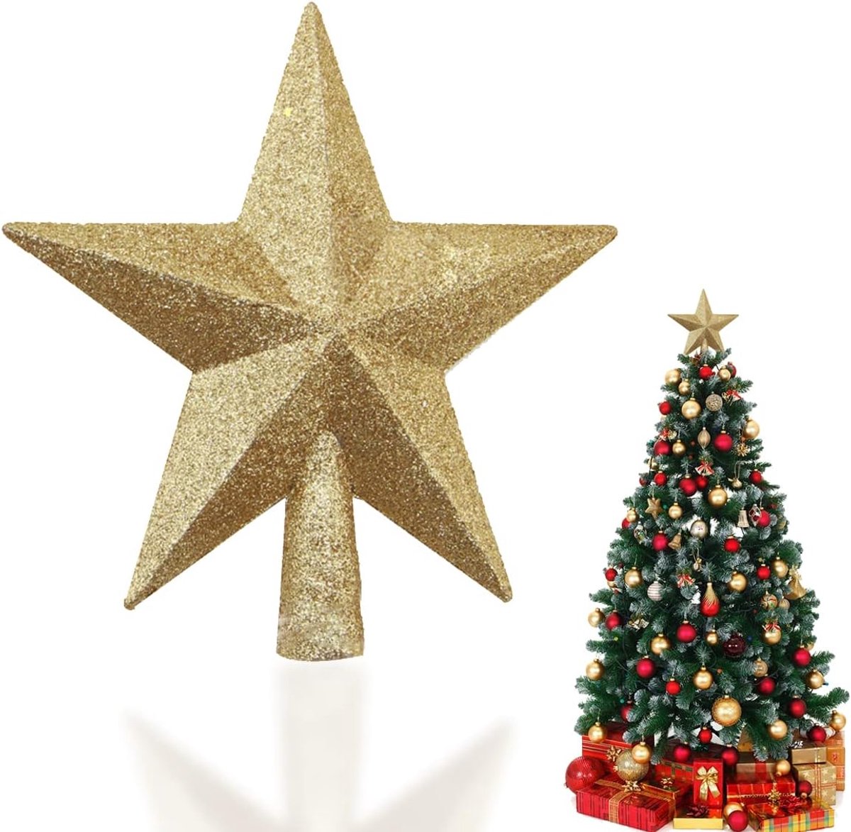 Ster, glitter boompiek, kerstboompiek, kunststof, kerstboomversiering, versiering voor Kerstmis, feest, thuis, goud