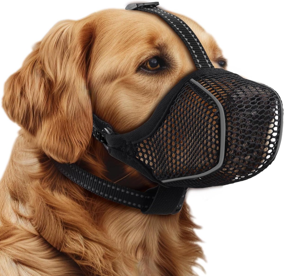 Muilkorf voor honden, zachte mesh muilkorf voor kleine, middelgrote en grote honden, verstelbare puppymuilkorven voor het opvangen van bijten, likken en kauwen, maakt hijgen en drinken mogelijk (M)