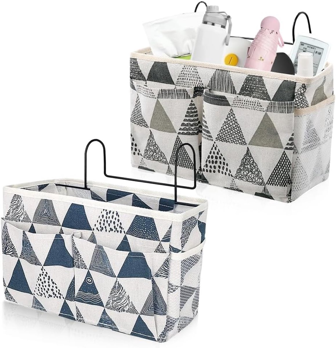 Bedtas met ophanghaak, hoogslaper, opbergtas, bedtas om op te hangen voor boek, tijdschrift, mobiele telefoon, hoofdtelefoon, bed, opslag (blauwe driehoek)