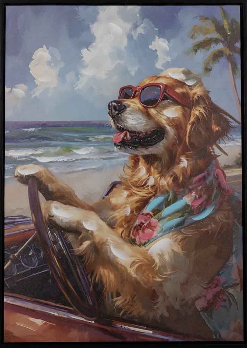 Schilderij golden retriever hond auto 50x70cm