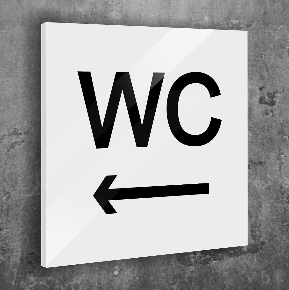 WC schild pijl links wit mat zelfklevend UV-print 12 x 12 cm - 3 mm aluminium composiet - Made in Germany art.nr. W 2016