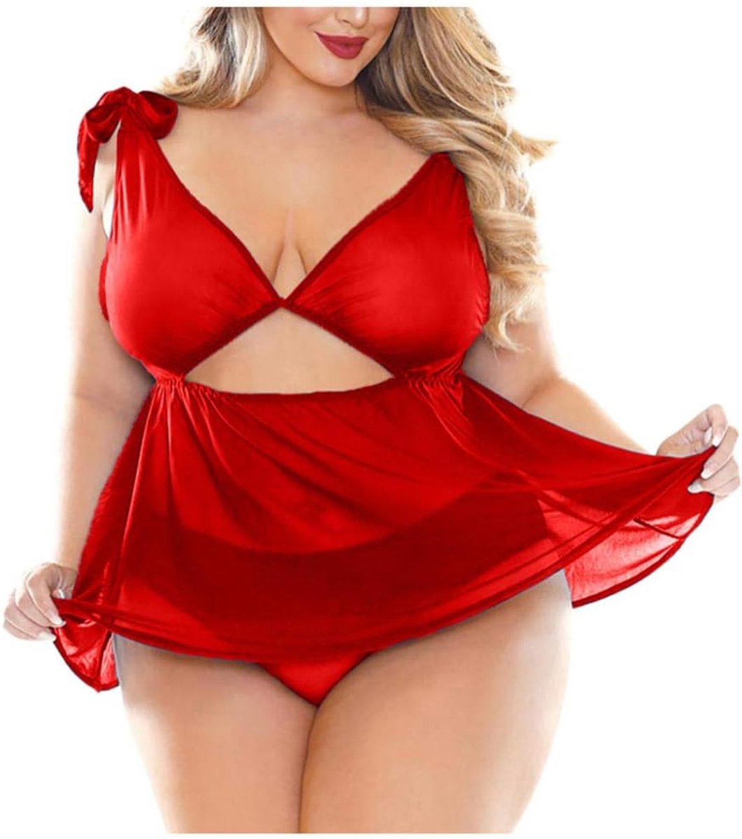 Dameskleding Vrouwen Plus Size Kanten Beha Slips Nachtkleding Sexy Lingerie Kostuum V Backless Ondergoed Satijn See Through-Wine_4XL