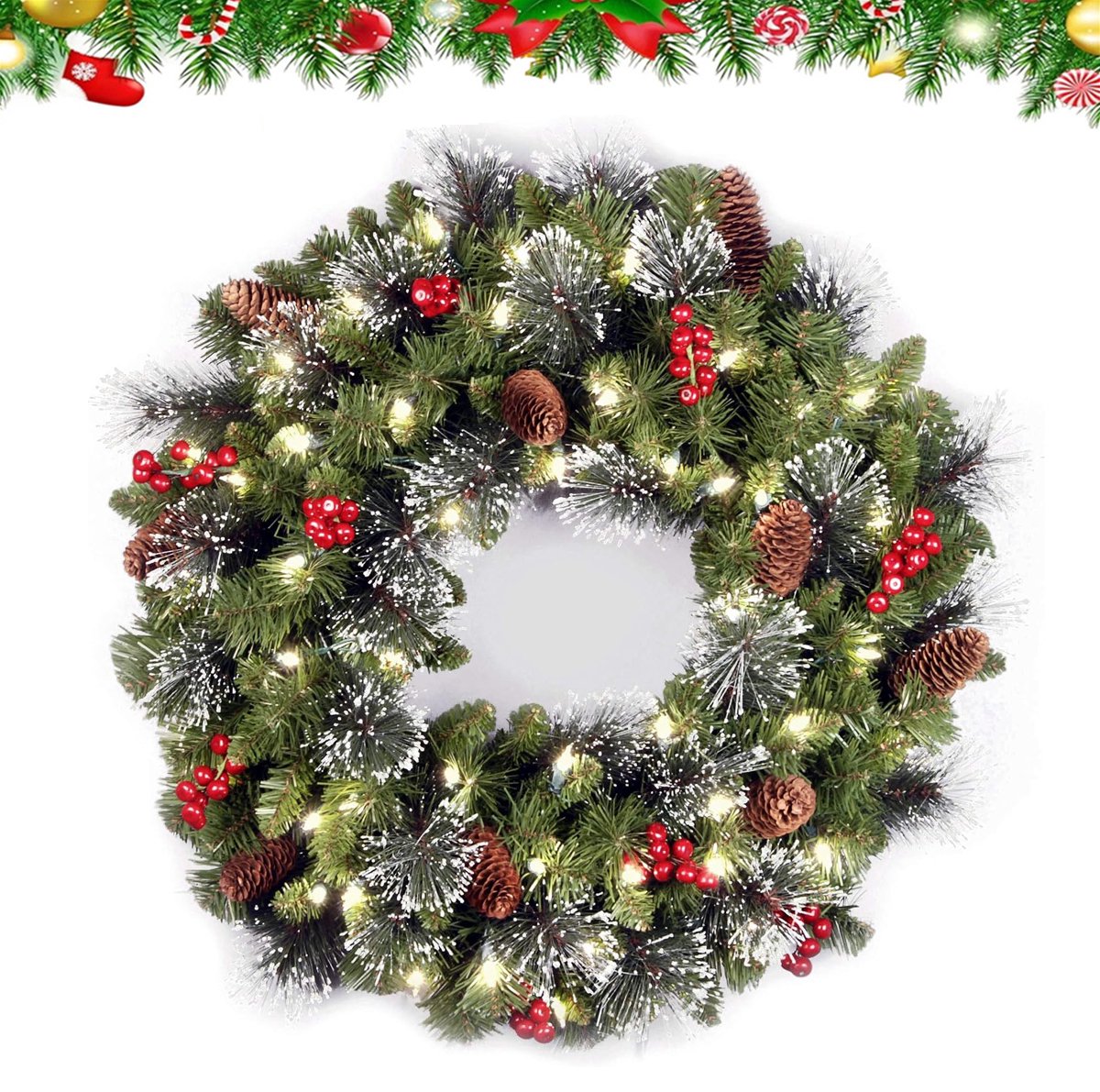 Kerstkrans – 40 cm – Kunstkrans met LED-verlichting – Feestelijke Decoratie – met Dennenappels, Bessen en Sneeuw – voor Voordeur, Ramen, Open Haard