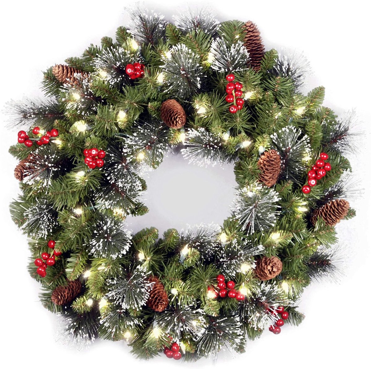 Kerstkrans – 40 cm – Kunstkrans met LED-verlichting – Feestelijke Decoratie – met Dennenappels, Bessen en Sneeuw – voor Voordeur, Ramen, Open Haard – foto 8