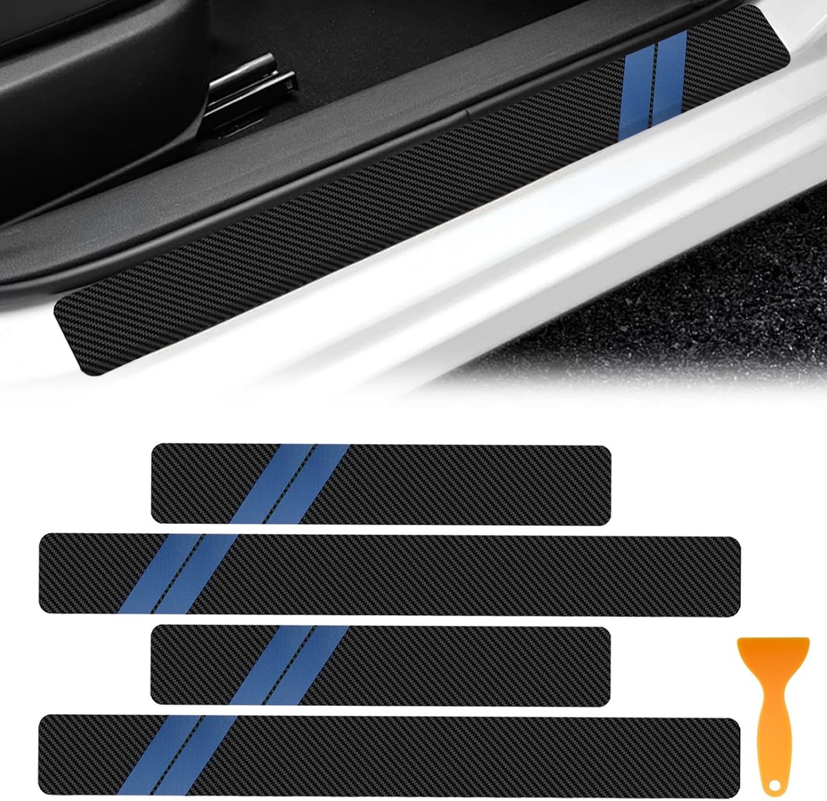 4 stuks autodorpellijsten, universele koolstofdrempelbeschermende stickers, anti-loopvlakdeurbeschermers voor voertuigbescherming (blauw)
